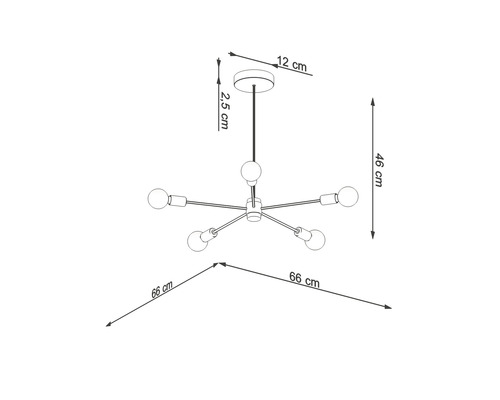 Desen tehnic al unei lămpi suspendate cu șase brațe și dimensiuni