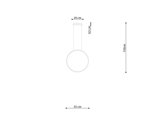 Desen tehnic al unei lămpi suspendate cu dimensiunile 24 cm, 4,5 cm, 55 cm și 150 cm.