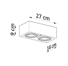 Desen tehnic al unei lămpi de tavan cu dimensiuni: 27 cm lățime, 14 cm adâncime și 9 cm înălțime.