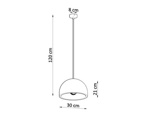 Schiță a unei lămpi suspendate cu dimensiunile de 120 cm înălțime, 30 cm diametru și 21 cm înălțime lampă