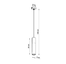 Desen al unei lămpi suspendate cilindrice cu dimensiunile de 30 cm lungime, 6 cm diametru și 105 cm lungime totală.