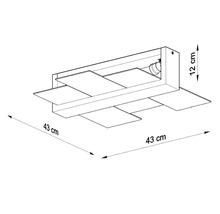 Desen tehnic al unei lămpi de tavan cu dimensiunile de 43 pe 43 pe 12 centimetri.