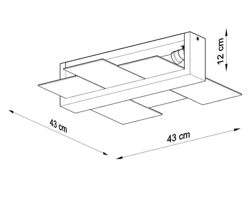 Desen tehnic al unei lămpi de tavan cu dimensiunile de 43 pe 43 pe 12 centimetri.