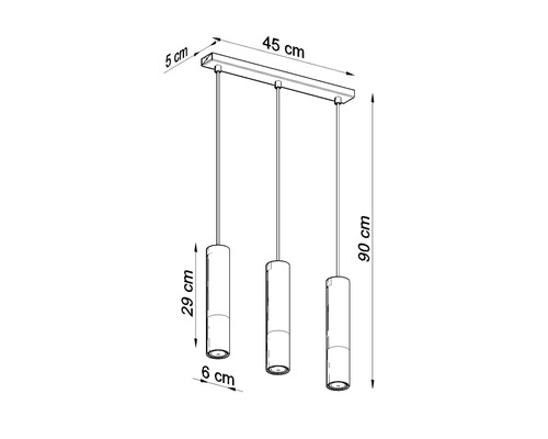 Desen tehnic al unei lămpi suspendate cu trei lumini și dimensiuni