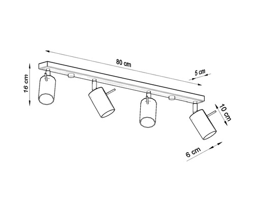 Desen tehnic al unei lămpi de plafon cu patru spoturi, dimensiuni 80 cm lungime, 16 cm înălțime, spoturi 6 cm lățime și 10 cm adâncime.