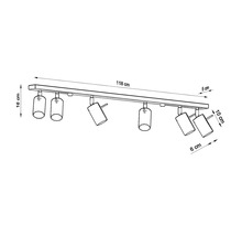 Desen tehnic al unei șine de tavan lungă de 118 cm cu șase spoturi și indicații de dimensiune.