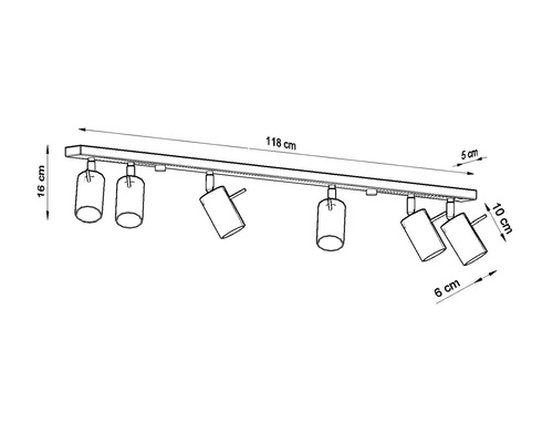 Desen tehnic al unei șine de tavan lungă de 118 cm cu șase spoturi și indicații de dimensiune.