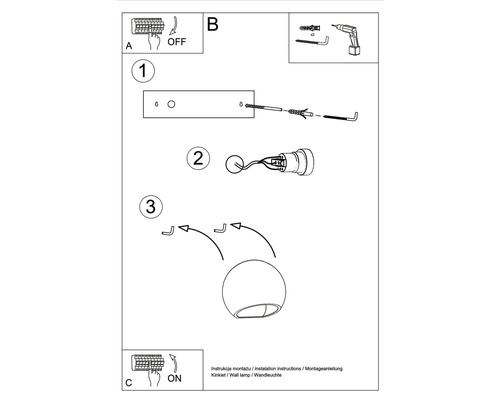 Instrucțiuni de montaj pentru lampă de perete în trei pași.