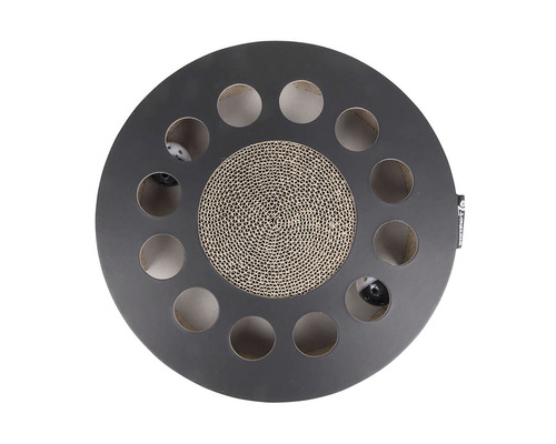 Disc rotund pentru joacă pisici, cu suprafață de zgâriat și elemente interactive.