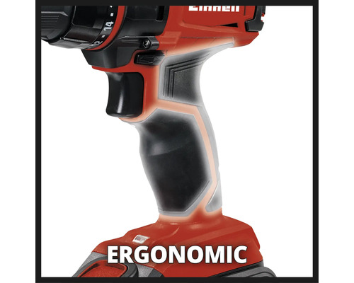 Prim-plan cu mânerul ergonomic al unei șurubelnițe cu acumulator Einhell