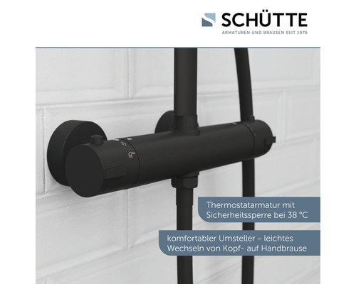 Baterie de duș termostatică neagră cu blocare de siguranță la 38 de grade Celsius