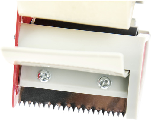 Prim-plan cu un suport pentru bandă adezivă cu o lamă zimțată pentru ruperea ușoară a benzii