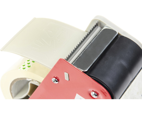 Dispozitiv de derulare bandă adezivă cu acoperire și muchie de tăiere