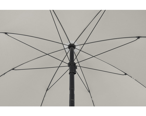 Vedere de jos a unei umbrele de soare deschise, cu suporturi și stâlp