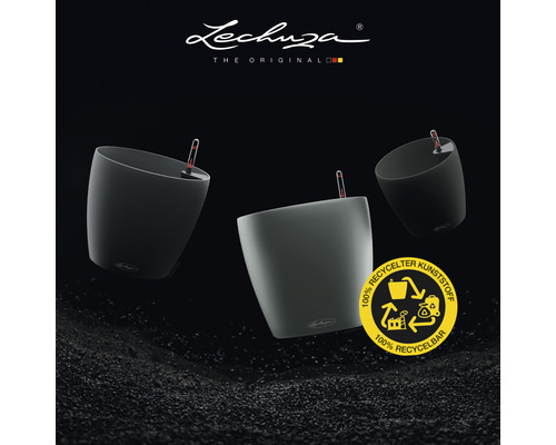 Trei ghivece de flori Lechuza și sigla pentru plastic reciclat.