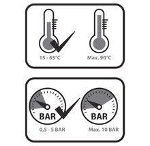 Interval de temperatură 15 până la 65 grade Celsius și maximum 90 de grade Celsius, interval de presiune 0,5 până la 5 bari și maximum 10 bari