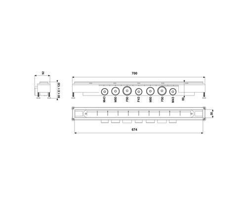 Desen tehnic cu dimensiunile rigolei de duș