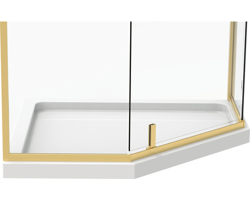 Cabină de duș pe colț cu cadă și cadru auriu