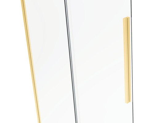 Prim-plan cu cabină de duș cu accente aurii și mâner de ușă