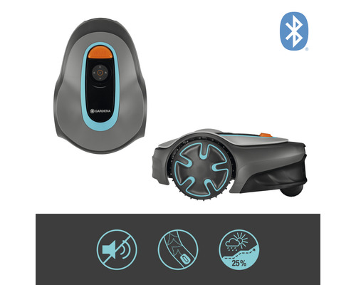 Robot de tuns iarba Gardena în două vederi și simbol Bluetooth