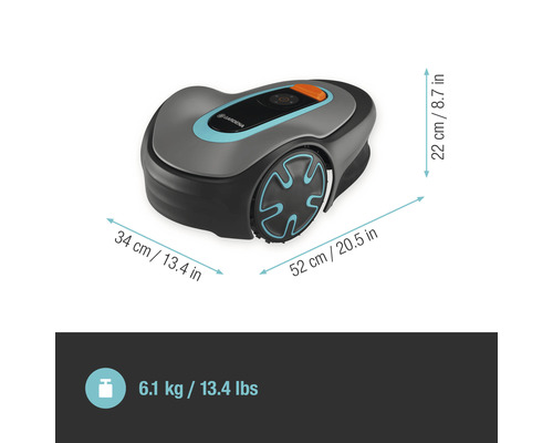 Robot de tuns gazon Gardena cu dimensiunile 34 cm x 52 cm x 22 cm și o greutate de 6,1 kg.