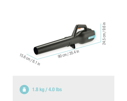 Suflantă de frunze cu acumulator Gardena cu dimensiunile 90 x 15,6 x 24,5 centimetri și o greutate de 1,8 kilograme.
