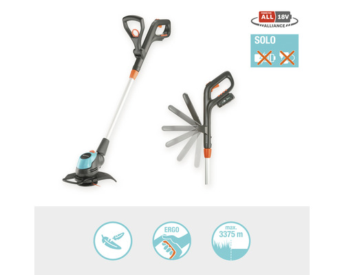 Trimmer de gazon cu acumulator Gardena cu simbolul SOLO, care nu include acumulator, și simboluri pentru operare ușoară