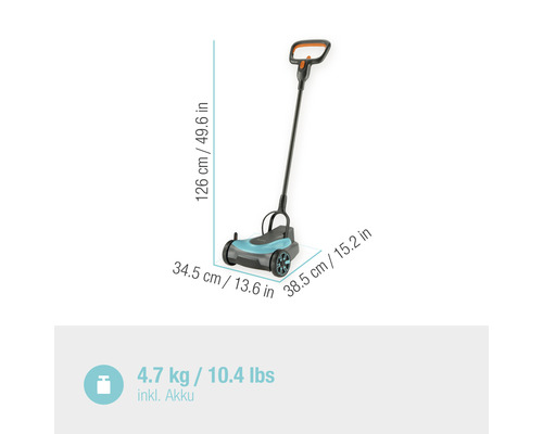 Mașină de tuns iarba cu acumulator, cu mâner și dimensiuni