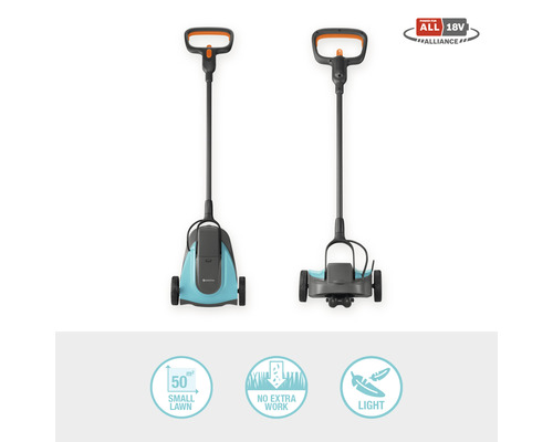 Două vederi ale unei mașini de tuns iarba cu acumulator Gardena pentru peluze mici