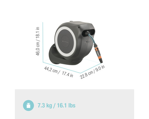 Cutie de perete pentru furtun Gardena cu furtun de grădină și pulverizator, inclusiv dimensiuni