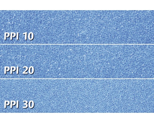 Prim-plan cu spumă de filtrare cu dimensiunea porilor de 10 PPI, 20 PPI și 30 PPI.