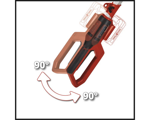 Ilustrație cu o foarfecă de gard viu cu acumulator, rotativă la 90 de grade
