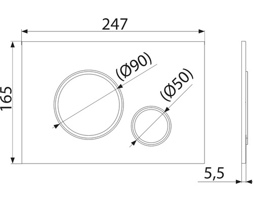 Desen tehnic al unei plăci de acționare cu dimensiunile 247 x 165 x 5,5 mm și două butoane cu diametre de 90 mm și 50 mm