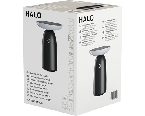 Ambalajul unei lămpi solare de masă Halo, de culoare neagră