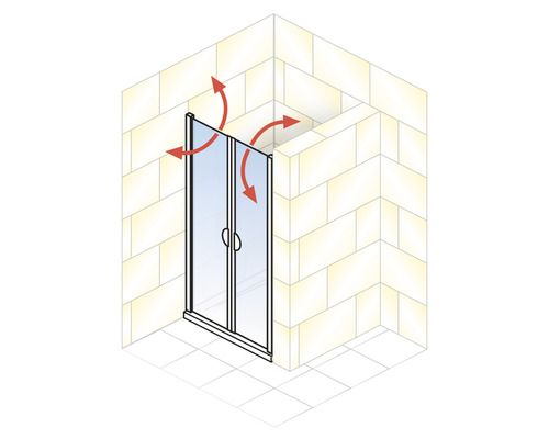 Cabină de duș cu uși pliante și săgeți roșii care indică flexibilitatea