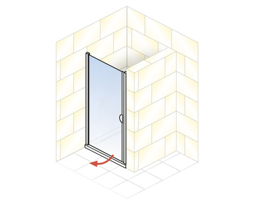 Cabină de duș de colț cu ușă pivotantă și săgeată roșie indicând zona de deschidere