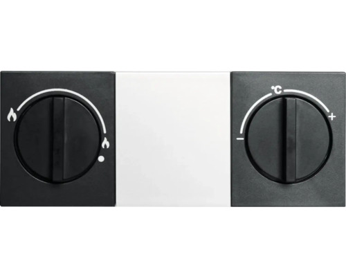 Detaliu al unui panou de control cu două butoane rotative pentru reglarea temperaturii și a puterii de încălzire