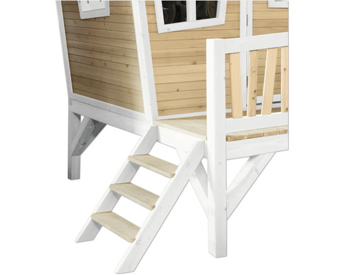 Vedere detaliată a unei căsuțe de joacă cu scări și verandă din lemn