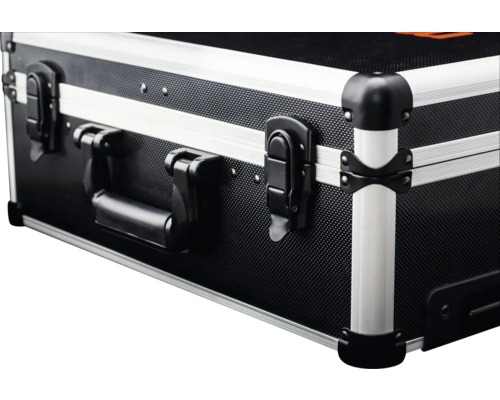 Vizualizare detaliată a unei cutii de scule cu mâner și colțuri metalice