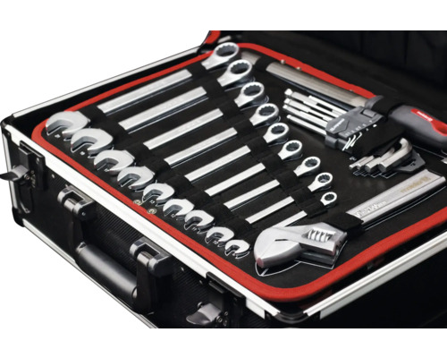 Trusă de scule deschisă cu chei fixe, chei imbus și cheie reglabilă