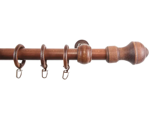 Bară de perdea din lemn cu inele și capăt