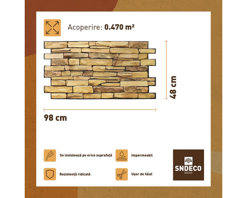 Placare cu aspect de gresie cu dimensiunile de 98 pe 48 centimetri și o acoperire de 0,470 metri pătrați