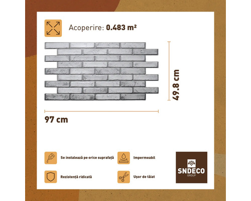 Panou de perete SNDECO Group cu model de cărămidă și dimensiunile 97 cm x 49.8 cm, suprafața de acoperire 0.483 m²
