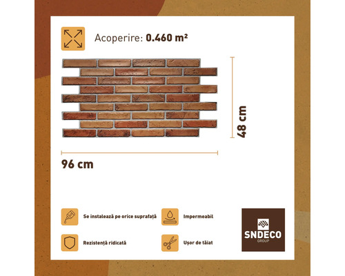 Panou decorativ imitație cărămidă, cu dimensiunile de 96 cm pe 48 cm și o acoperire de 0.460 m².