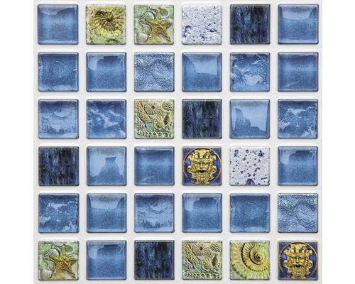 Placă de mozaic cu elemente pătrate, albastre și cu model