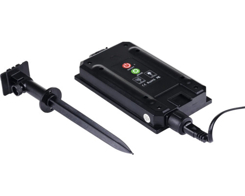 Țepușă de pământ și carcasă dreptunghiulară cu racorduri pentru un corp de iluminat de grădină