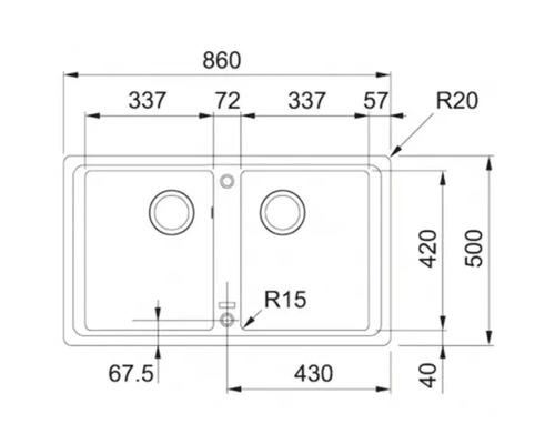 Desen tehnic al unei chiuvete cu dublă cuvă și dimensiuni