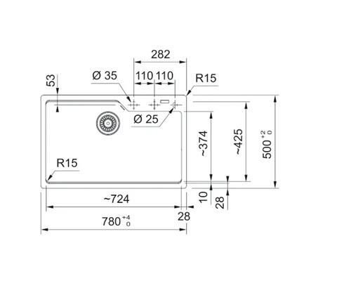 Desen tehnic al unei chiuvete de bucătărie cu dimensiuni