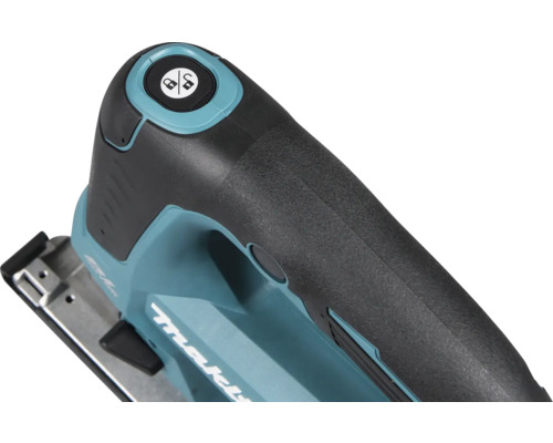 Detaliu al fierăstrăului vertical Makita cu buton de blocare
