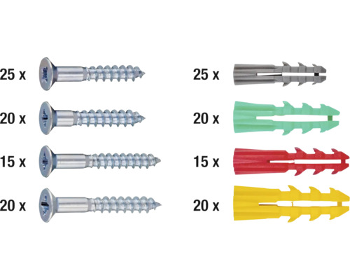 Gama de șuruburi pentru lemn și dibluri de diferite dimensiuni